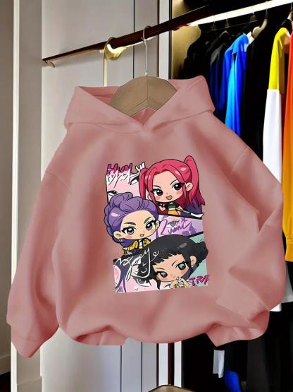 Girls' Kpop Hunter Series Hoodie, Long Sleeve Cartoon Print Pullover, Casual Comfortable Spring & Fall Fashion, Fitted Style
