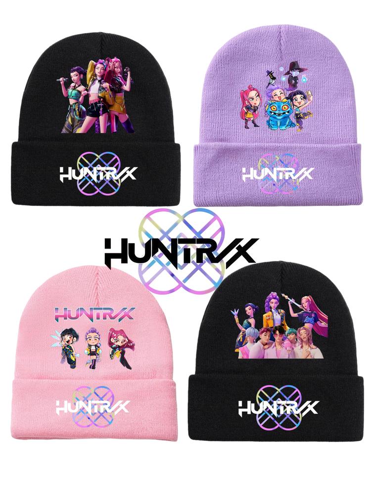 2025 new K-pop "Demon Hunters" girl group print knitted hat, velvet hat, warm hat, suitable for teenagers and adults. The same style as the K-pop "Demon Hunters" product.