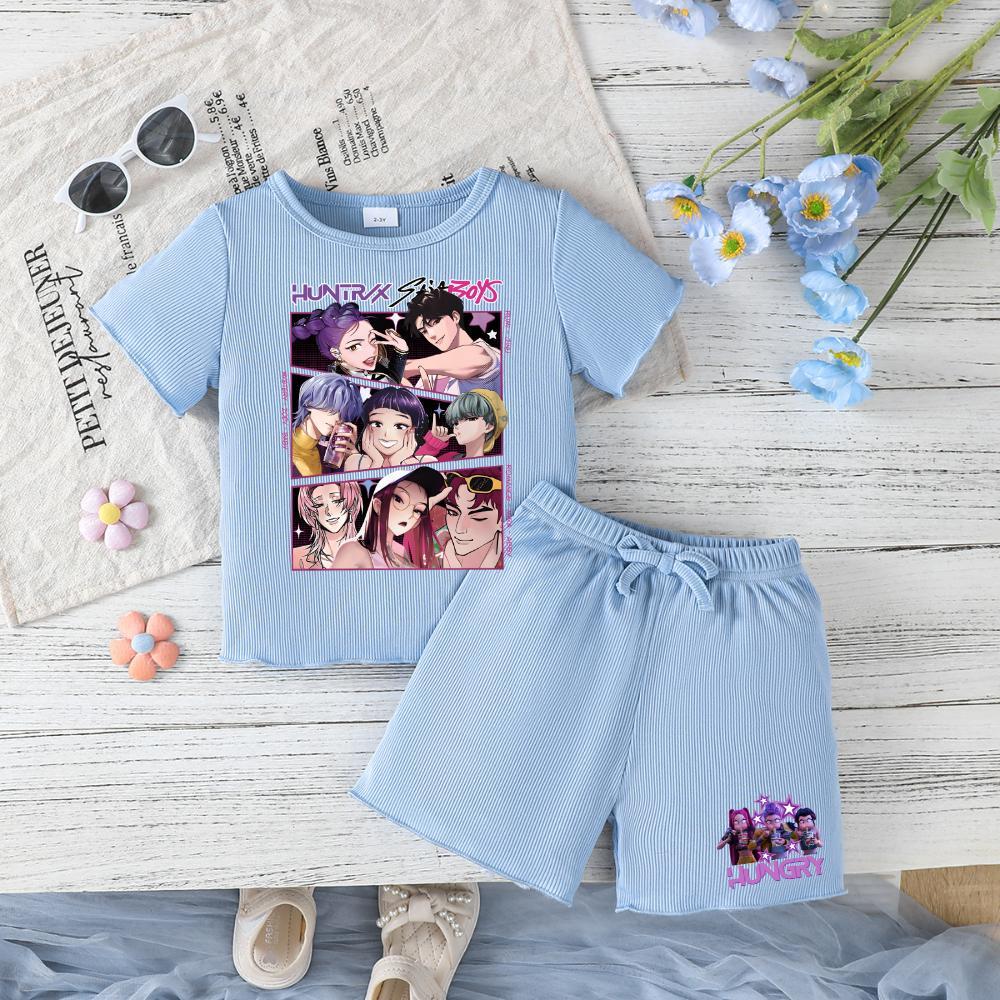 Toddler Girls Outfit Purple Graphic Print Short Sleeve T-Shirt & Shorts Set for Spring Summer Fall Casual Wear