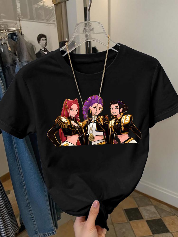 Girls Summer Fashion Anime Print Short Sleeve T-Shirt, Casual Outdoor Wear, Comfortable Fitted Cartoon Pattern Tee