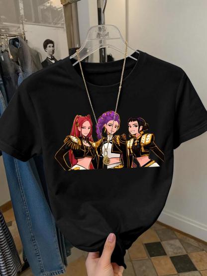 Girls Summer Fashion Anime Print Short Sleeve T-Shirt, Casual Outdoor Wear, Comfortable Fitted Cartoon Pattern Tee