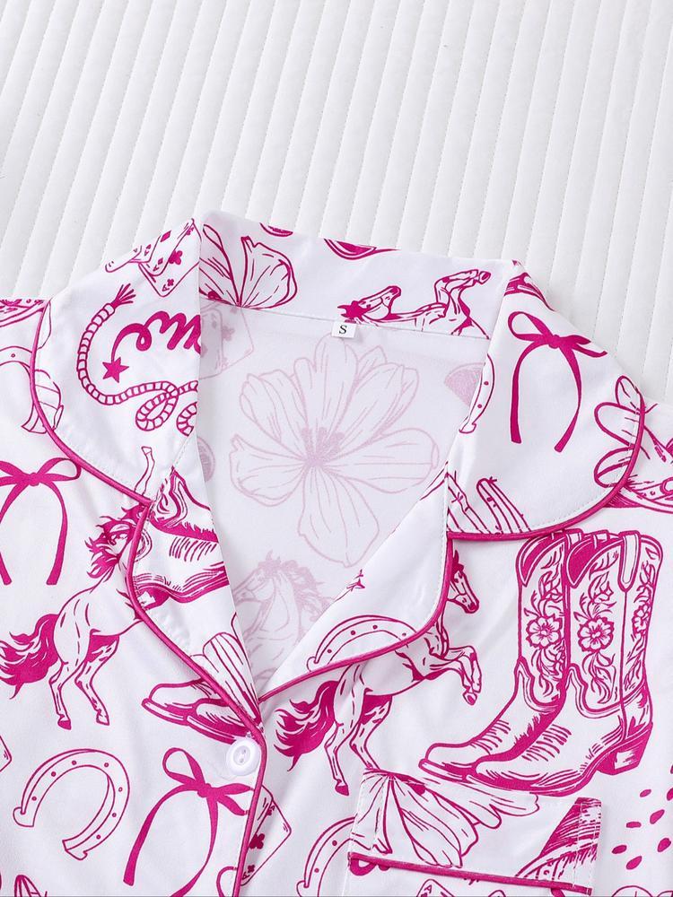 Women's 2-Piece Pajama Set, Hunter Boot Print, Holiday Party Sleepwear, Soft Shirt Collar Top & Elastic Pants, Casual Home Wear