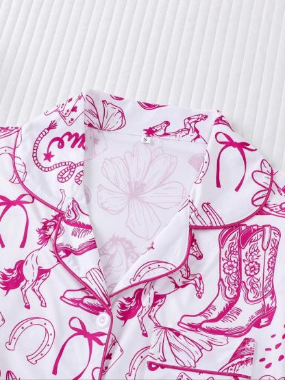 Women's 2-Piece Pajama Set, Hunter Boot Print, Holiday Party Sleepwear, Soft Shirt Collar Top & Elastic Pants, Casual Home Wear