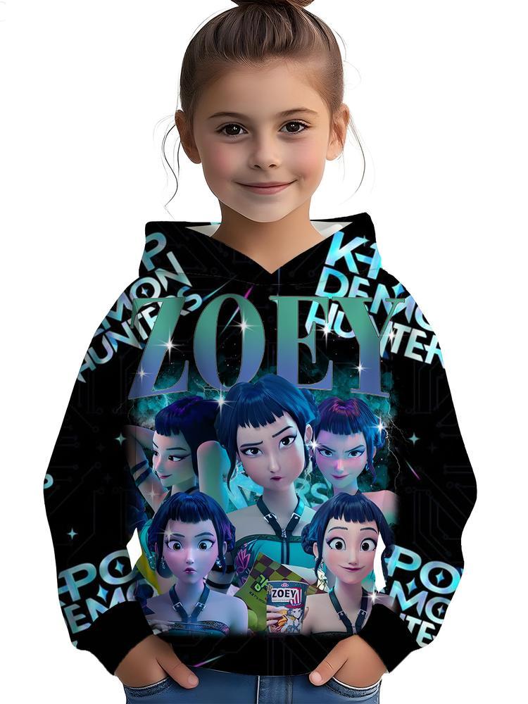 Girls Kpop Demon Hunters Korean Fashion Hoodie, Comfortable Spring & Fall Casual Sweatshirt, Durable Random Print Design, Perfect Christmas Gift