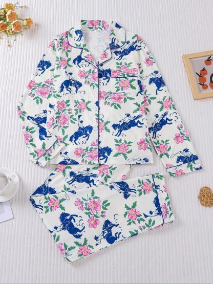 Women's Floral & Horse Print Pajama Set, Long Sleeve Button Front Top, Elastic Pants, Casual Fall Winter Sleepwear