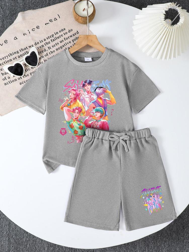 CrevNeck Teen Girls Outfit Purple Graphic Print Short Sleeve T-Shirt & Shorts Set for Spring Summer Fall Casual Wear