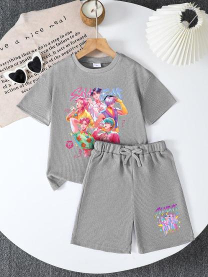 CrevNeck Teen Girls Outfit Purple Graphic Print Short Sleeve T-Shirt & Shorts Set for Spring Summer Fall Casual Wear