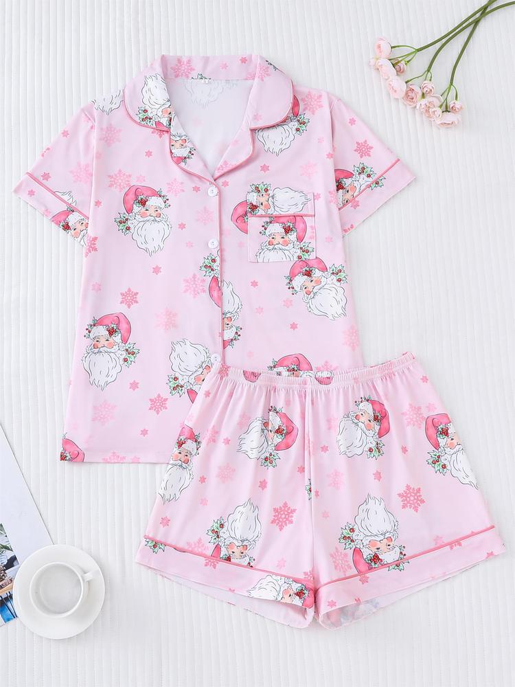 【Christmas】Women's Christmas Pajama Set, Soft Shirt Collar Top & Elastic Shorts, Fitted Casual Home Wear, Holiday Party Sleepwear