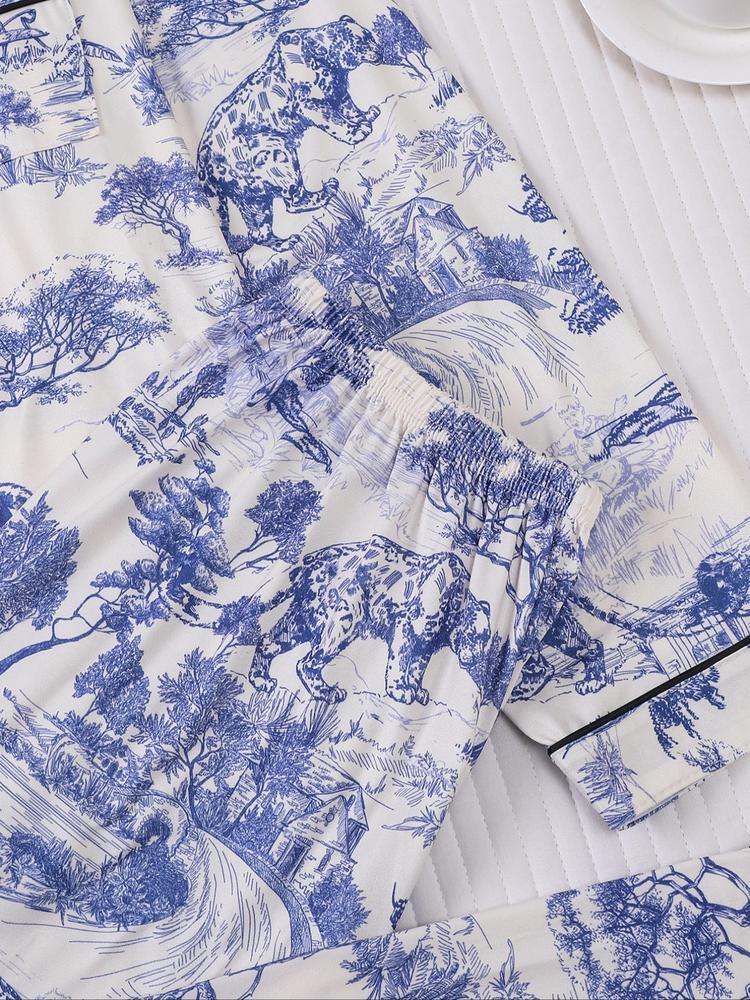 Women's 2-Piece Pajama Set, Leopard Print, Long Sleeve Button-Down Top & Elastic Pants, Casual Fall Winter Sleepwear