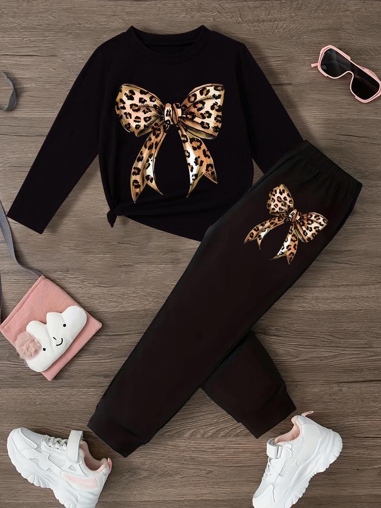 Girls' Leopard Print Bow Long Sleeve T-Shirt & Sweatpants Casual Outfit Set, Spring & Fall Fashion, Comfortable Kids Clothing Gift