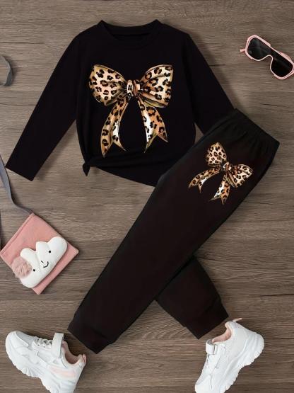 Girls' Leopard Print Bow Long Sleeve T-Shirt & Sweatpants Casual Outfit Set, Spring & Fall Fashion, Comfortable Kids Clothing Gift