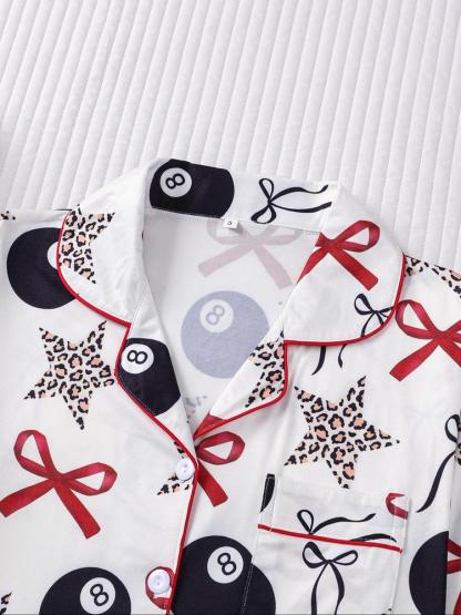 Women's 2-Piece Sleepwear Set, Holiday Party Pajamas, Long Sleeve Button-Down Soft Top and Loose Elastic Pants, Casual Home Wear