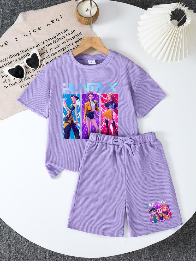 CrevNeck Teen Girls Outfit Purple Graphic Print Short Sleeve T-Shirt & Shorts Set for Spring Summer Fall Casual Wear