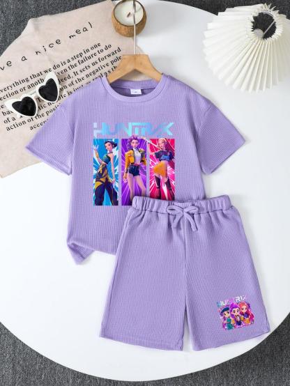 CrevNeck Teen Girls Outfit Purple Graphic Print Short Sleeve T-Shirt & Shorts Set for Spring Summer Fall Casual Wear