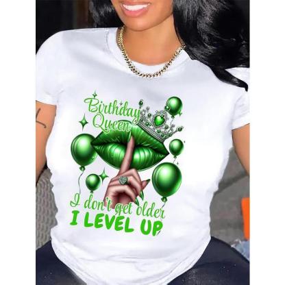 Queen's Birthday Queen Pattern T-shirt Casual round-neck T-shirt with balloon and lip print, suitable for all seasons, Allseason Top Fashion