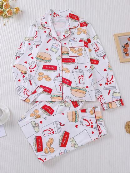 Women's 2-Piece Loungewear Pajama Set, Burger Print, Holiday Party Sleepwear, Soft Shirt Collar Top & Elastic Pants, Casual Home Wear