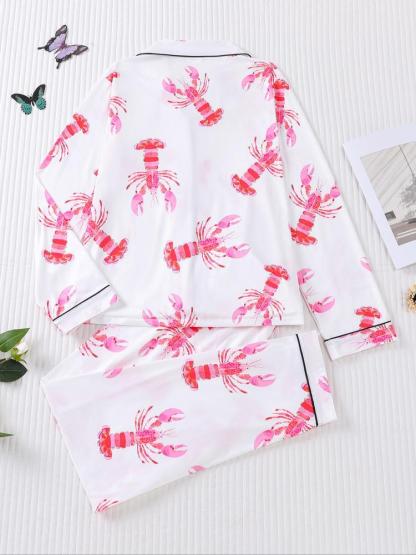 Women's 2-Piece Pajama Set, Lobster Print, Casual Loose-Fit Long Sleeve Top & Elastic Pants, Soft Comfortable Sleepwear Loungewear for Fall Winter
