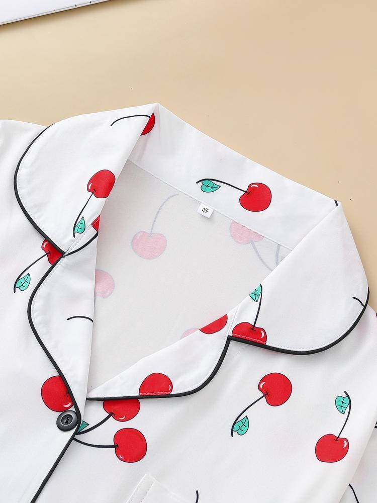 Women's Lemon Fruit Pattern Sleepwear Set, Casual Long Sleeve Button-Down Top & Elastic Pants, Comfortable Home Wear for Spring Fall