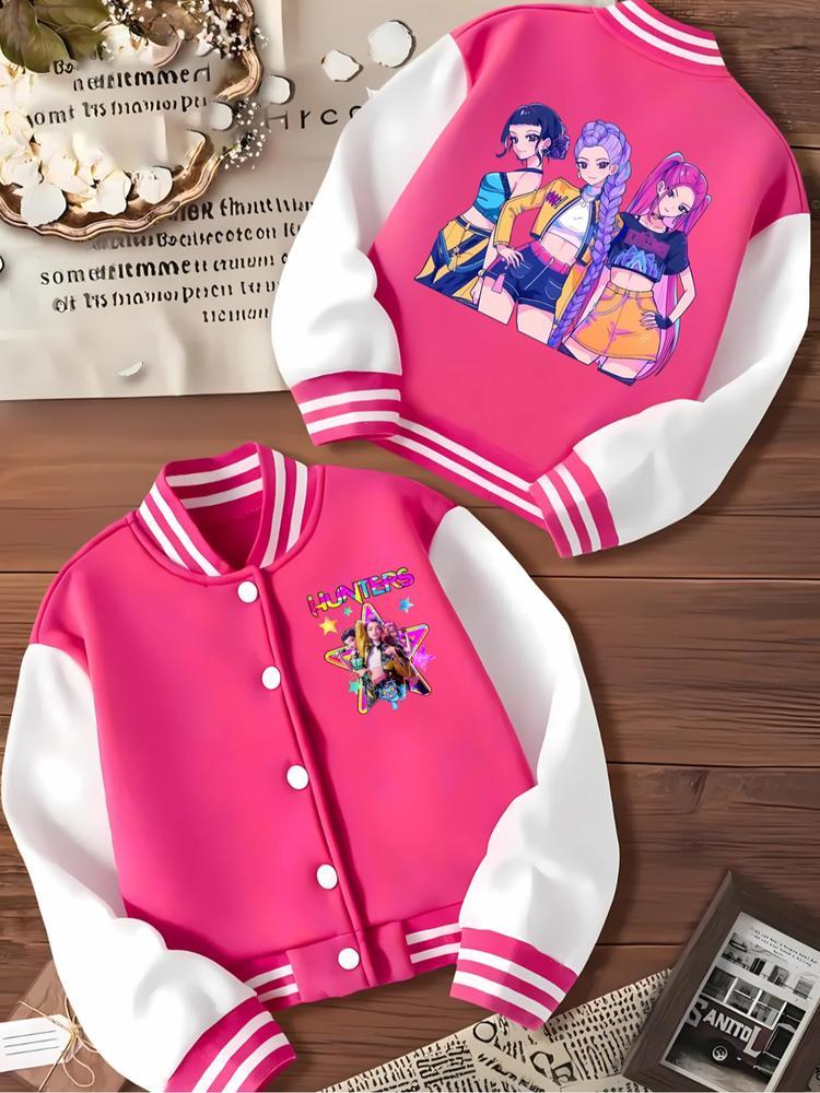 KPOP-Huntress Girl Group Girls Short Baseball Jacket with Cartoon Desi
