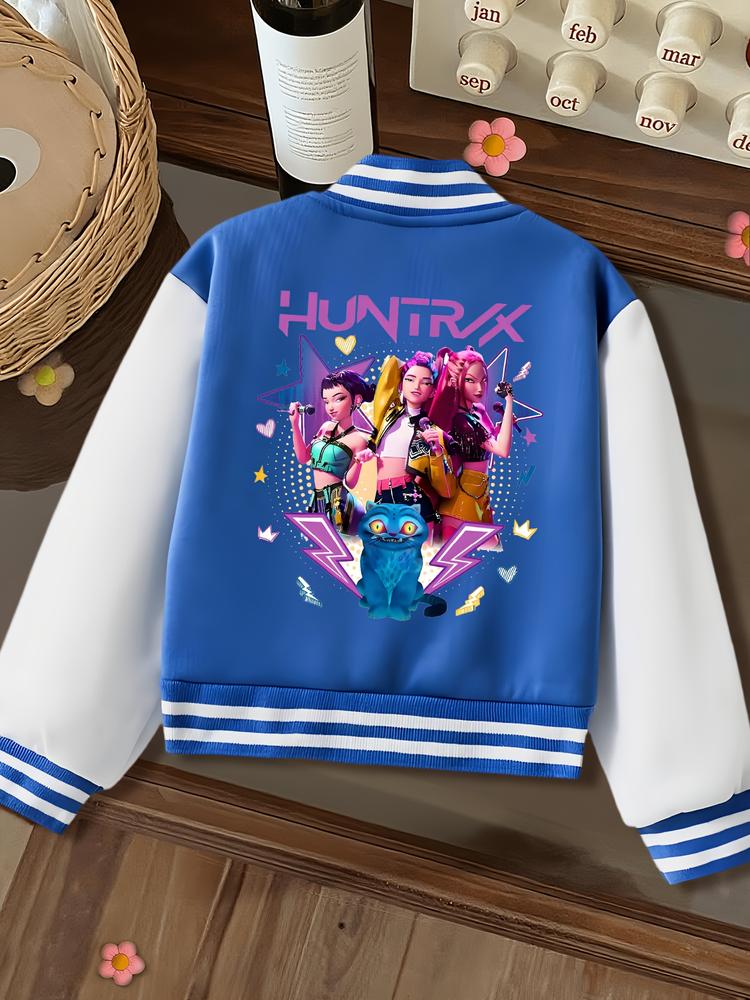 Halloween Girls Short Baseball Jacket, Casual Sports School Uniform, Elastic Fabric, Youth Fashion, Fall & Winter Outerwear, Casual Comfy Jacket