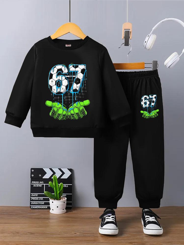 Boys' Spring & Fall Casual Sweatshirt Set, Creative Six Seven67 Christmas Series, Long Sleeve Round Neck Top + Comfortable Pants