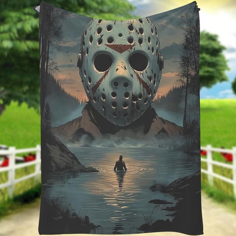 1pc Horror-Themed Flannel Blanket – Soft Polyester With Jason Voorhees Design, Perfect For Home Decor, Outdoor Adventures, Valentine’s Day, Thanksgiving, And Christmas, Man Woman Gift, Halloween Blanket Spooky Plush Movie