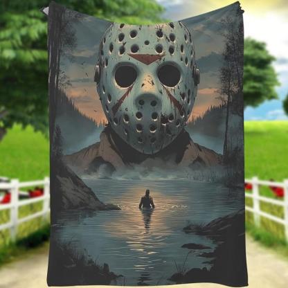 1pc Horror-Themed Flannel Blanket – Soft Polyester With Jason Voorhees Design, Perfect For Home Decor, Outdoor Adventures, Valentine’s Day, Thanksgiving, And Christmas, Man Woman Gift, Halloween Blanket Spooky Plush Movie