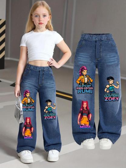 "hunters' Girl" Printed Denim Jeans for Girls, Cute Portrait Design, Trendy Streetwear for Ages 8-12, Perfect for Young Fashionistas