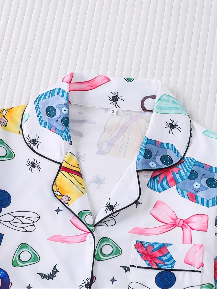 Women's Cartoon Print Pajama Set, Long Sleeve Shirt Collar Top & Elastic Pants, Casual Fall Winter Sleepwear, Comfortable Home Wear