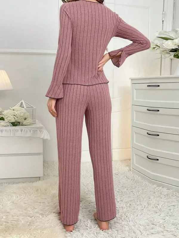 Women's Solid Lettuce Trim Top & Pants Loungewear Two-Piece Set, Casual Comfy Long Sleeve V Neck Top & Trousers PJ Set, Ladies Sleepwear for All Seasons