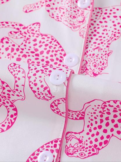 Women's Leopard Print Pajama Set, Casual Fall & Winter Sleepwear, Soft Long Sleeve Shirt and Elastic Pants, Comfortable Home Wear