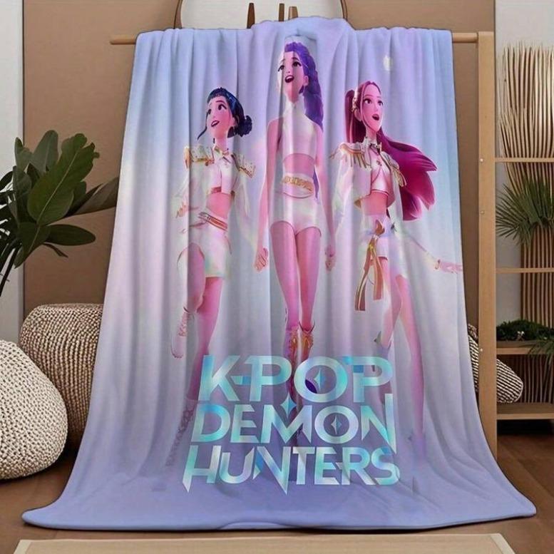 K-POP DEMON HUNTERS Stylized Trio Flannel Blanket - All-Season Comfort Multi-Purpose Printed Throw, Suitable For Sofa, Bed,K-POP Demon Hunters Merch,Zoey,Mira,Rumi,Huntrix,Sajaboys,Gift For Kids, Gift For Men & Women, K-POP Demon Hunters Merch