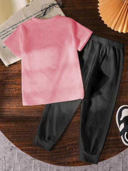 Girls' Kpop Print Short Sleeve T-Shirt & Pants Set, Casual Fashion for Spring & Fall, Comfortable Moderate Fabric, Fitted Style