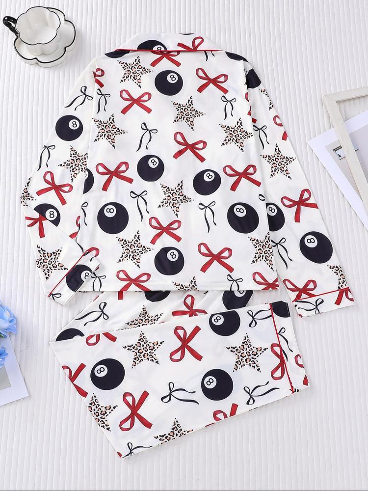 Women's 2-Piece Sleepwear Set, Holiday Party Pajamas, Long Sleeve Button-Down Soft Top and Loose Elastic Pants, Casual Home Wear