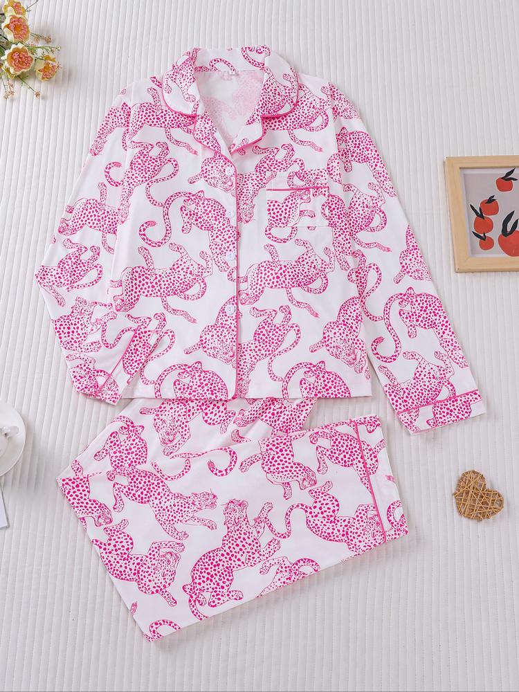 Women's Leopard Print Pajama Set, Casual Fall & Winter Sleepwear, Soft Long Sleeve Shirt and Elastic Pants, Comfortable Home Wear