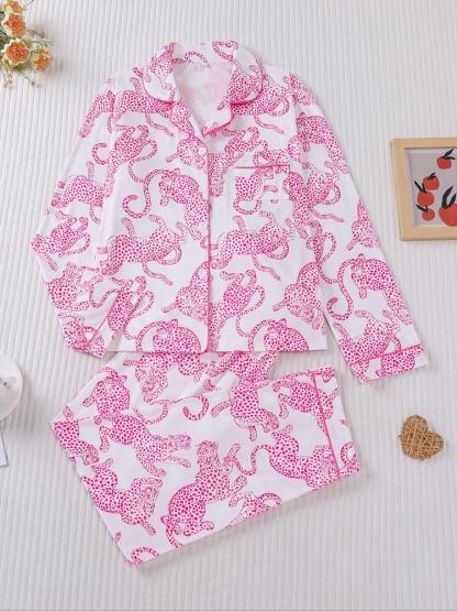 Women's Leopard Print Pajama Set, Casual Fall & Winter Sleepwear, Soft Long Sleeve Shirt and Elastic Pants, Comfortable Home Wear