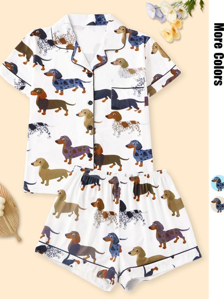 Women's Cartoon Dog Print Short Sleeve Matching Pajamas Two-piece Set, Casual Comfy Lapel Neck Button Design Pj Set for Daily Home Wear, Ladies Sleepwear for All Seasons, Loungewear,  Womenswear, Pastel Cute Pajamas, Breathable Stylish Pajama