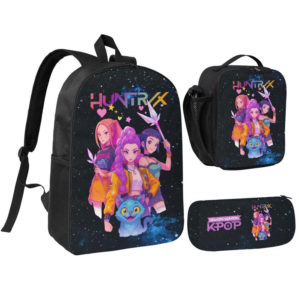 3PCS Functional K-POP Demon Hunters Backpack Set - Black Large Capacity Laptop Schoolbag + Portable Lunch Bag + Pencil Case, Fashionable Bag for Teens Men Women, Perfect for Daily Use & Gift Giving