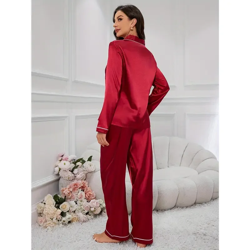Women'S Red Satin Pajama Set - Long Sleeve, Button-Up, Casual Style, Perfect for Fall/Winter, Cozy Home Wear, Cozy Home Wear | Satin Finish | Satin Fabric