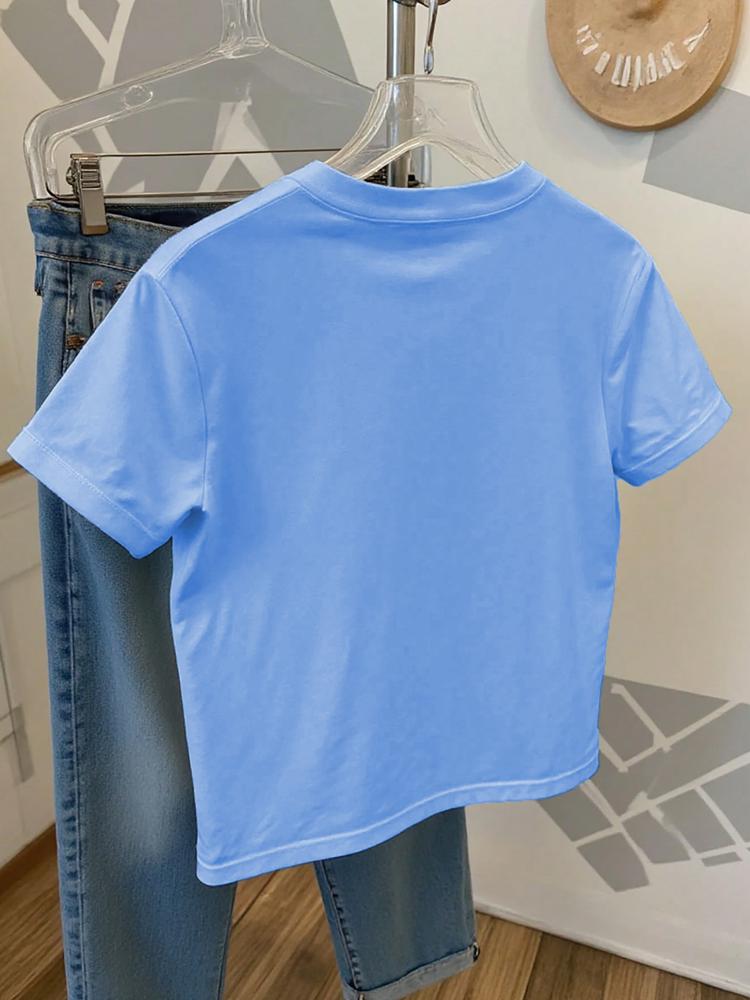 Girls Summer Fashion Creative Letter Pattern Print Short Sleeve T-Shirt, Outdoor Casual Comfortable Wear, Fitted Style, Moderate Fabric Funny Graphic Tee