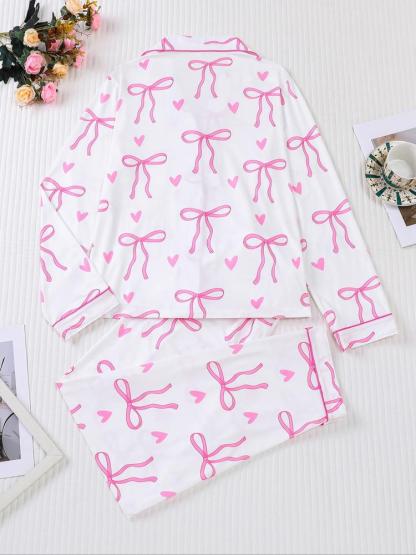 Women's 2-Piece Pajama Set, Bowknot Print, Holiday Party Sleepwear, Soft Shirt Collar Top & Elastic Pants, Casual Home Wear
