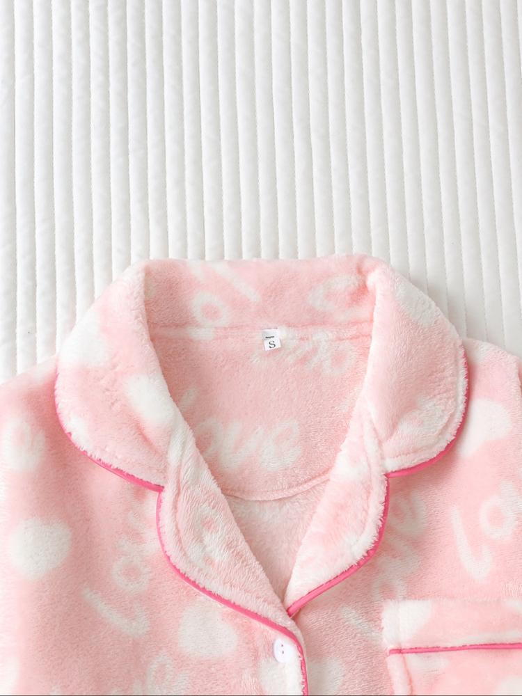 Two-piece Set Women's All Over Cartoon Bear Print Lapel Collar Top & Elastic Waist Pants Pajama Set, Long Sleeve Button Up Top & Pants Pj Set, Women's Sleepwear for Winter