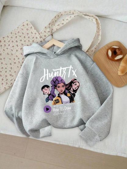 Girls' Kpop Hunter Series Hoodie, Long Sleeve Cartoon Print Pullover, Casual Comfortable Spring & Fall Fashion, Fitted Style, Graphic Casual Hoodie