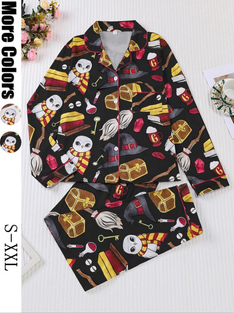 Women's 2-Piece Pajama Set, Magic Theme All-Over Print, Soft Shirt Collar Top & Elastic Pants, Casual Home Wear for Fall Winter