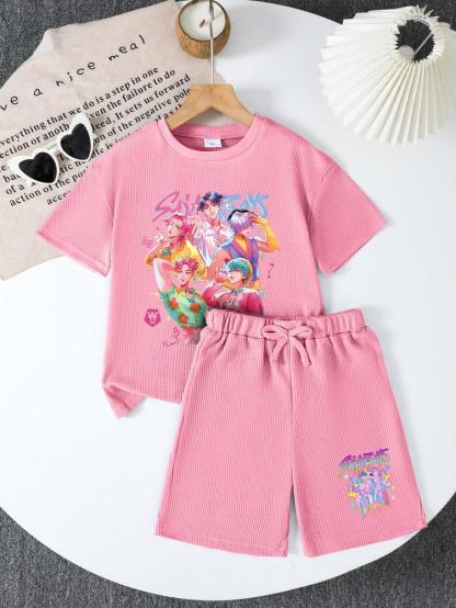 CrevNeck Teen Girls Outfit Purple Graphic Print Short Sleeve T-Shirt & Shorts Set for Spring Summer Fall Casual Wear