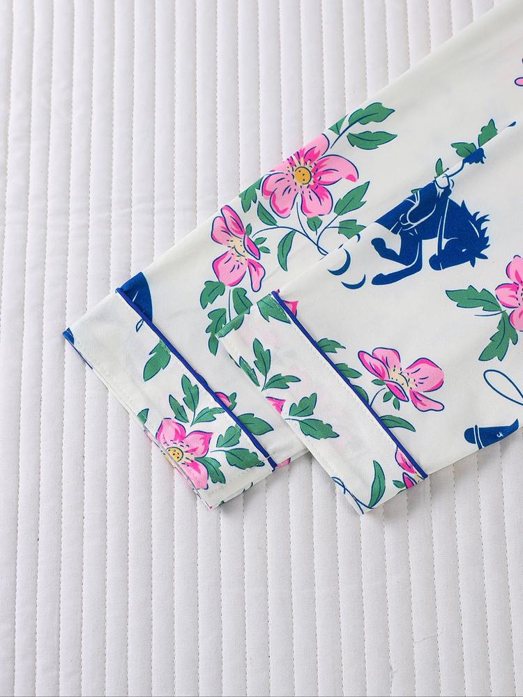 Women's Floral & Horse Print Pajama Set, Long Sleeve Button Front Top, Elastic Pants, Casual Fall Winter Sleepwear