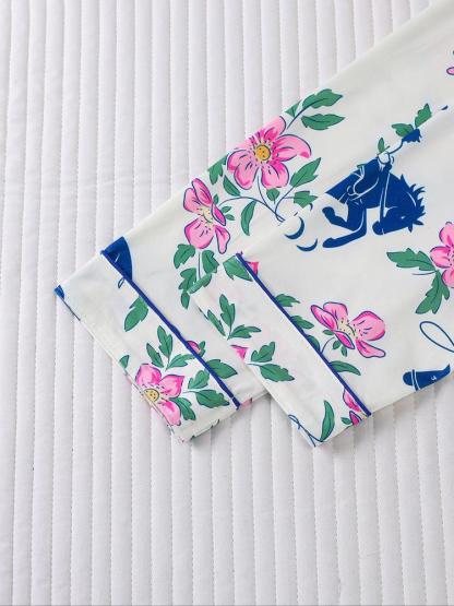 Women's Floral & Horse Print Pajama Set, Long Sleeve Button Front Top, Elastic Pants, Casual Fall Winter Sleepwear