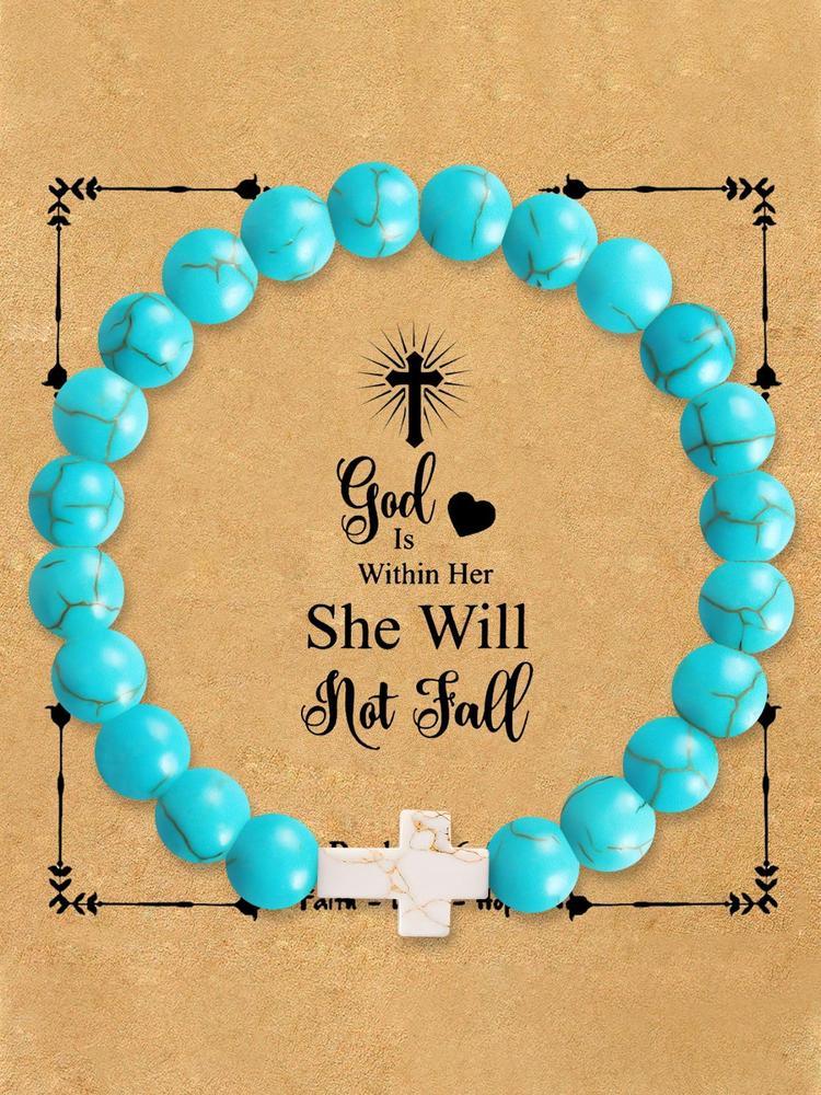 1Pc Christian Gifts for Her, Cross Bracelet for Women Girls, Beaded Bracelet, Easter Gifts for Girls Faith Religious Easter Catholic Christian Jewelry, Meaningful Communion Baptism Gifts for Girls Healing Natural Stone Bracelets