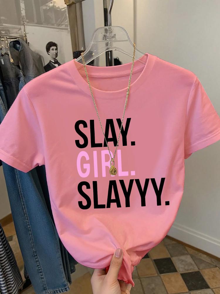 Girls Summer Fashion Creative Letter Print Short Sleeve T-Shirt, Outdoor Casual Comfortable Wear, Fitted Style, Moderate Fabric Thickness Graphic Tee