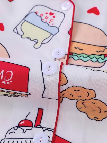 Women's 2-Piece Loungewear Pajama Set, Burger Print, Holiday Party Sleepwear, Soft Shirt Collar Top & Elastic Pants, Casual Home Wear